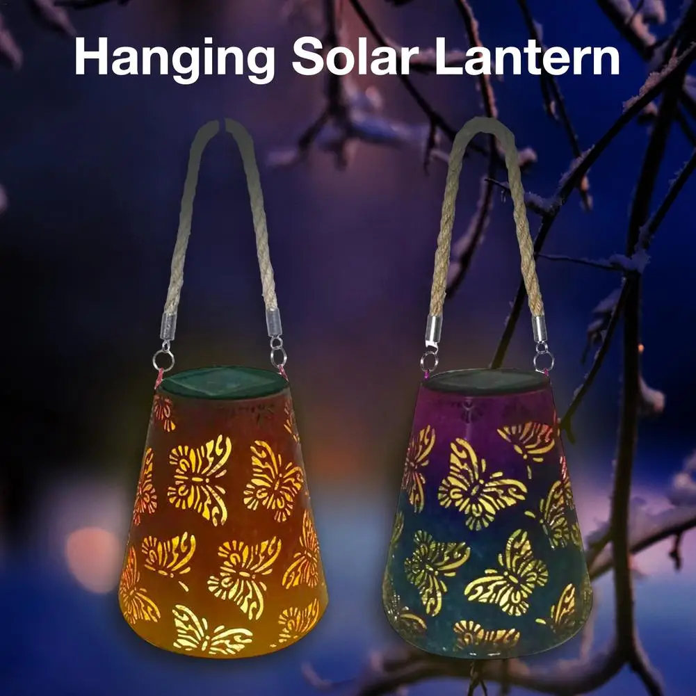 

Фонарь из кованого железа на солнечной батарее, подвесной садовый светильник для коридора, металлическое освещение с бабочками для дорожек...