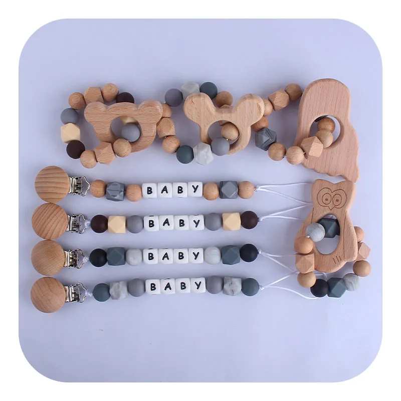 

XCQGH 2Pcs/set Customized Baby Name Wooden Rabbit Teething Ring and Silicone Teeth Bracelet