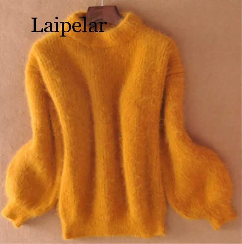 

Laipelar 2019 Winter New Fashion Thickened Warm Turtleneck Mohair Female Sweater Lantern Sleeve Casual Solid Color Slim Simple P