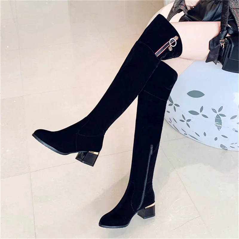34-42 Сапоги выше колена на каблуке большие размеры женские высокие сапоги черные