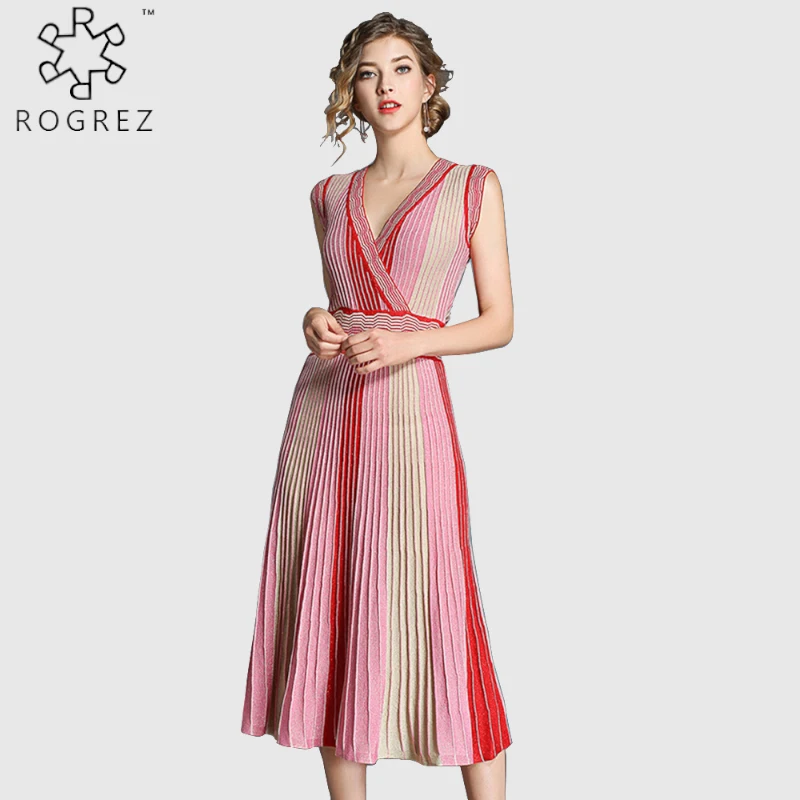 ROGREZ красное элегантное женское Полосатое трикотажное платье без рукавов с