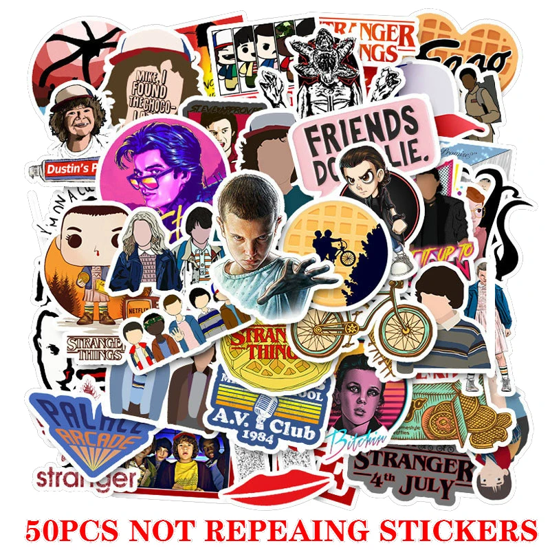 

50pcs/pack Sticker No Duplicate Stranger Thing Sticker Children on Laptop Suitcase Guitar Skateboard PVC Cool Fashion Stickers