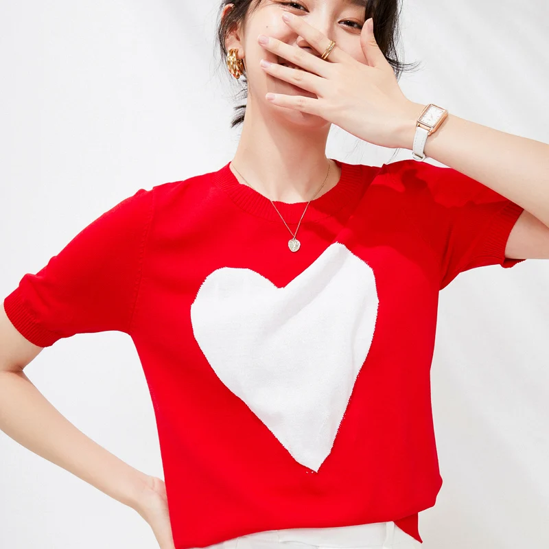 

New Arrival Summer Heart type Knitted short sleeve Women Solid Short Sleeve O-neck Pullovers Jumper Knitted Sweaters