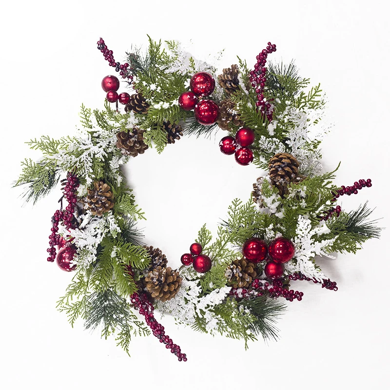 Искусственный Рождественский венок зеленые ветви с сосновым конусом красные