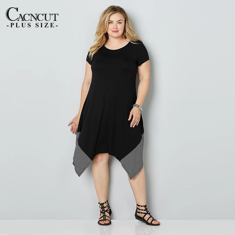 Женское свободное платье в полоску повседневное длинное черное большого размера