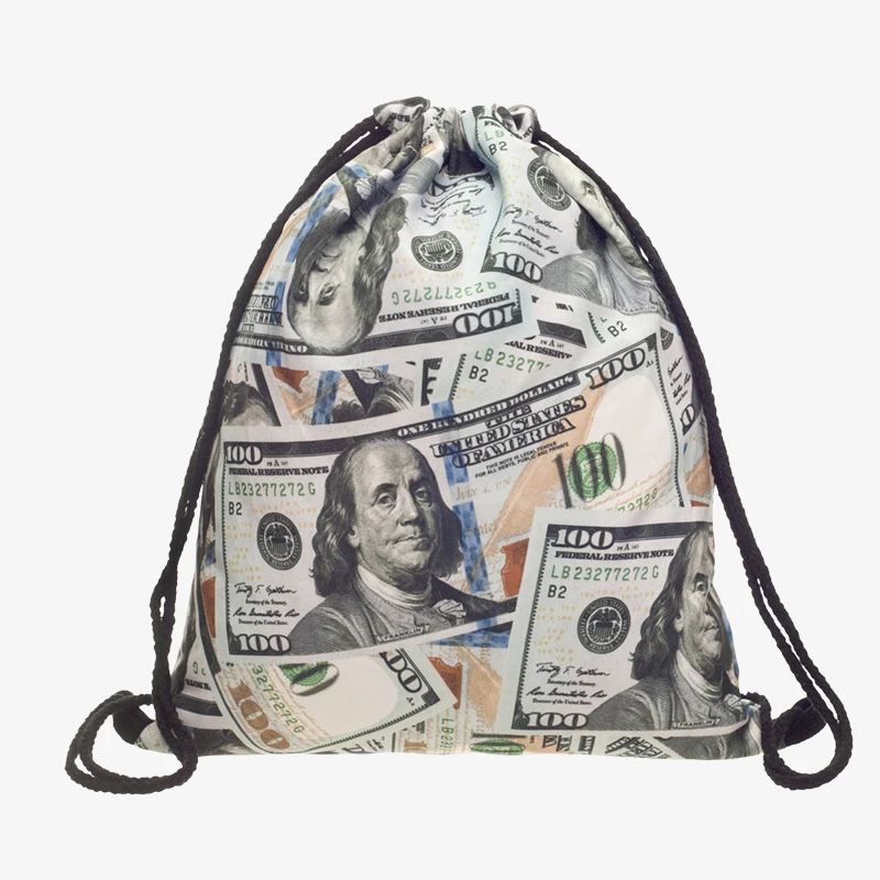 Bolsa de Cordão Cuerda para Fora da Porta Mochila de Cordão dos Homens para Mulheres Bolsa de Corda Novo Impresso Dólares Prata Moda Mochila Modis Menina 3d
