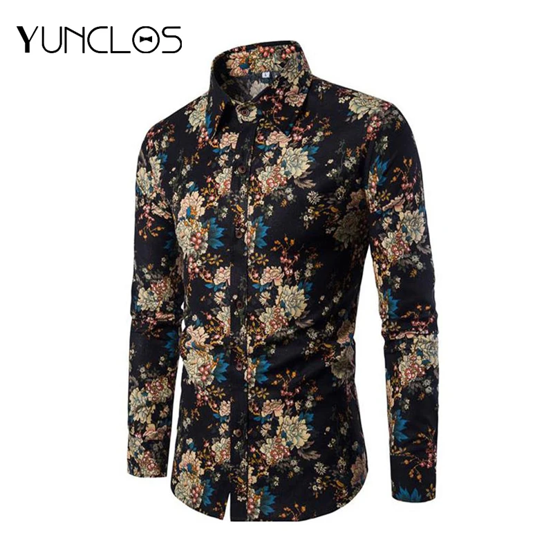 Мужская рубашка из льна с длинным рукавом в этническом стиле повседневная яркая