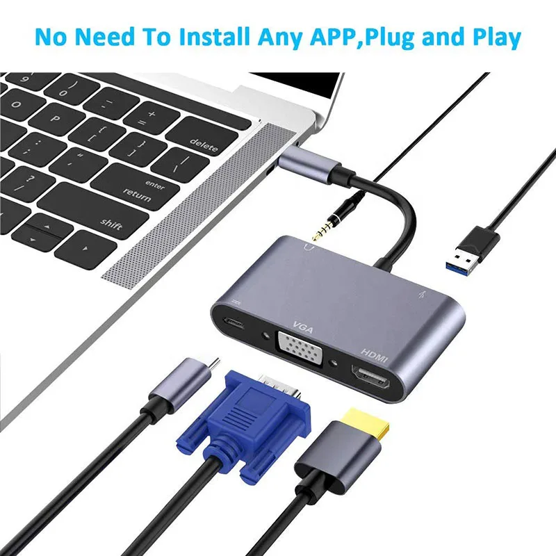USB-концентратор типа C Thounderbolt от 3 до 4K HDMI-совместимый адаптер VGA USB3.0 5 мм