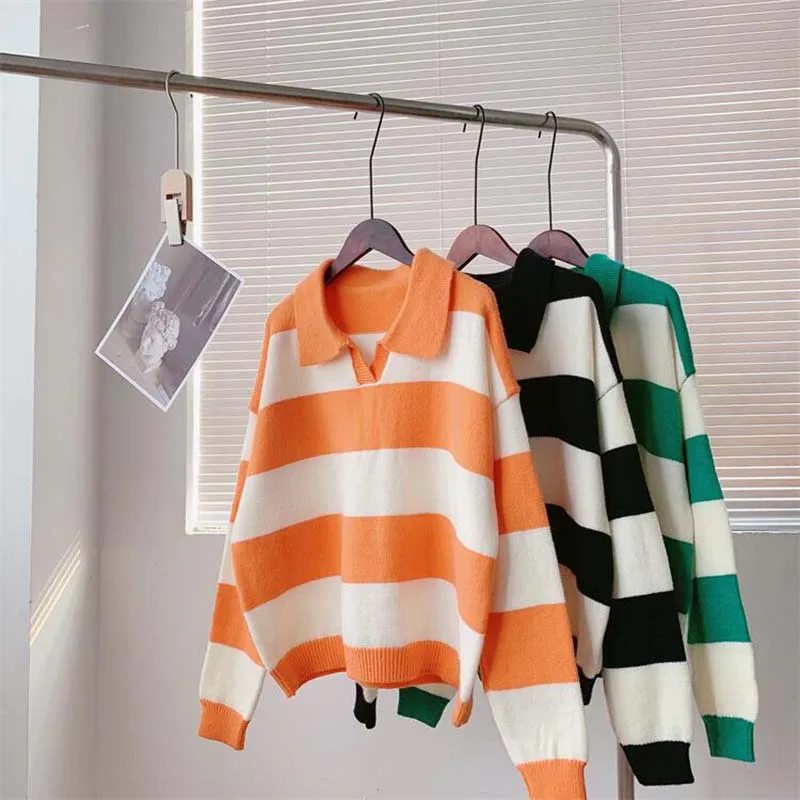 

EBAIHUI Autumn Winter Turn-down Collar Sweater Striped Harajuku Pullovers Women 2021 Loose Japanese Style Long Sleeve Crop Top