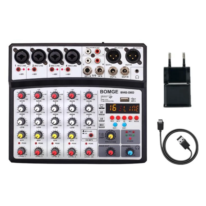 

Sound Card Audio Mixer Sound Board Console Desk System Interface 6 Channel USB Bluetooth 48V Power Stereo (US Plug)