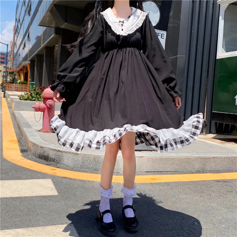 

Sweet Women's Lolita OP Dress Black Loose Dress Sailor Collar Cover Bows Trim Cute One Piece Fall Elegant Dress