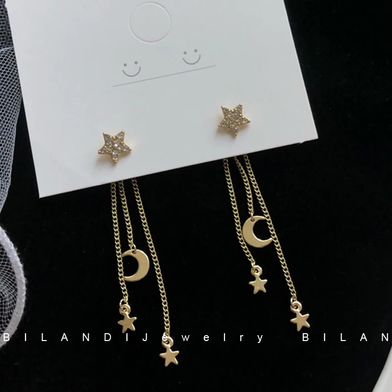 

S925 needle Modern Jewelry Dangle Earrings 2021 New Metal Alloy Thin Chain High Quality Crystal Star Moon Drop Earrings Gifts