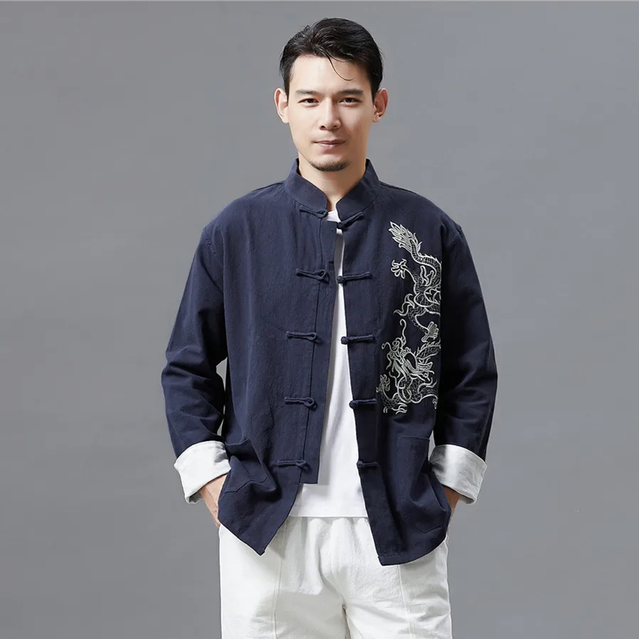 Традиционная китайская одежда куртка Кунг фу с вышивкой дракона мужской костюм