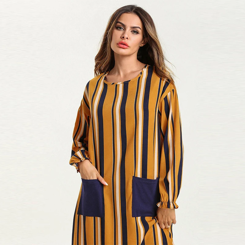 Muslim Dress Dubai Simple Fashion Long Sleeve Skirt Islamic Turkey Striped Thin Panel Middle East Arab Kimono Moroccan | Тематическая