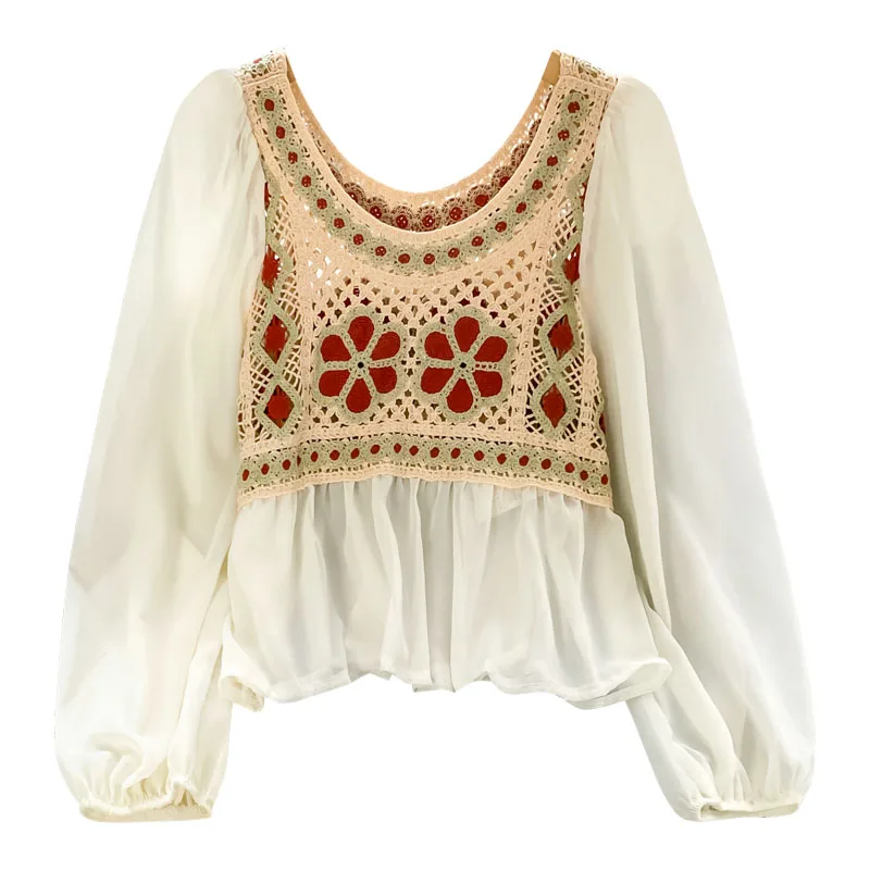 

Autumn Korean fashion Hollow out Tops Sweet Flower Short blouse Thin Long Sleeve Women Chiffon shirt Blusa