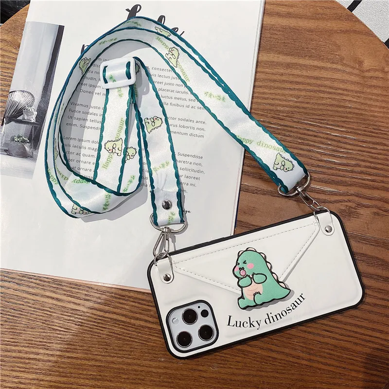 

With Card Pocket Phone Shell Back Cover For Huawei P40 P30 Mate 30 20 Nova 5 6 7 5G SE Pro Cartoon Dinosaur Lanyard Leather Case