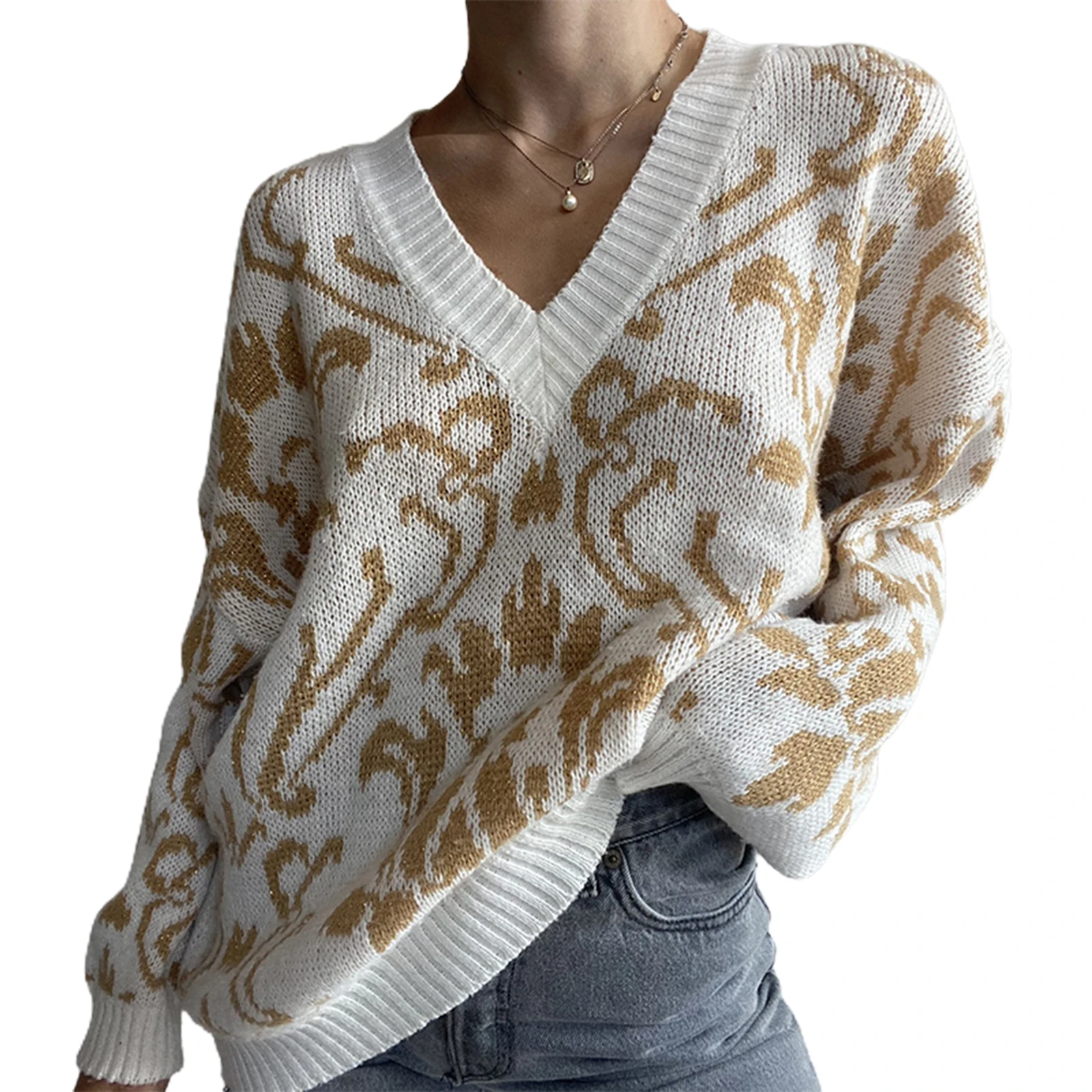 

Женский трикотажный свитер с V-образным вырезом, с длинным рукавом