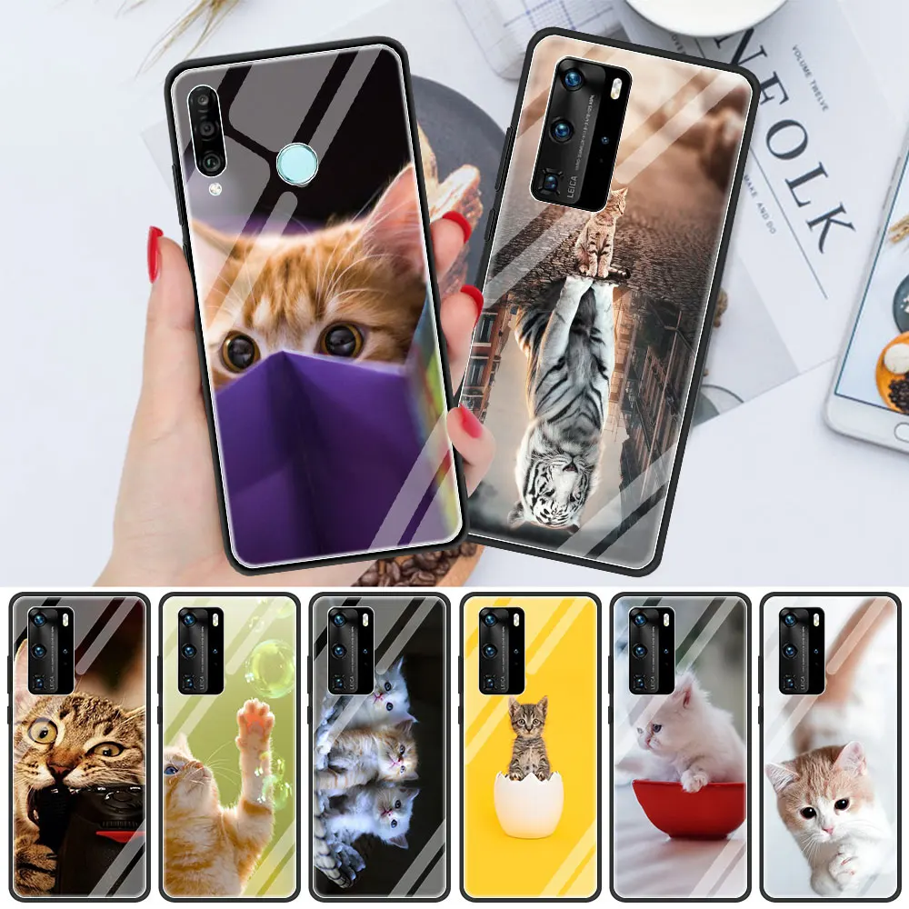 

Cute Cat Tempered Glass Coque for Huawei P30 P20 P10 Lite P40 P30 Pro P Smart Pro Z Silicone Edge Phone Case Funda
