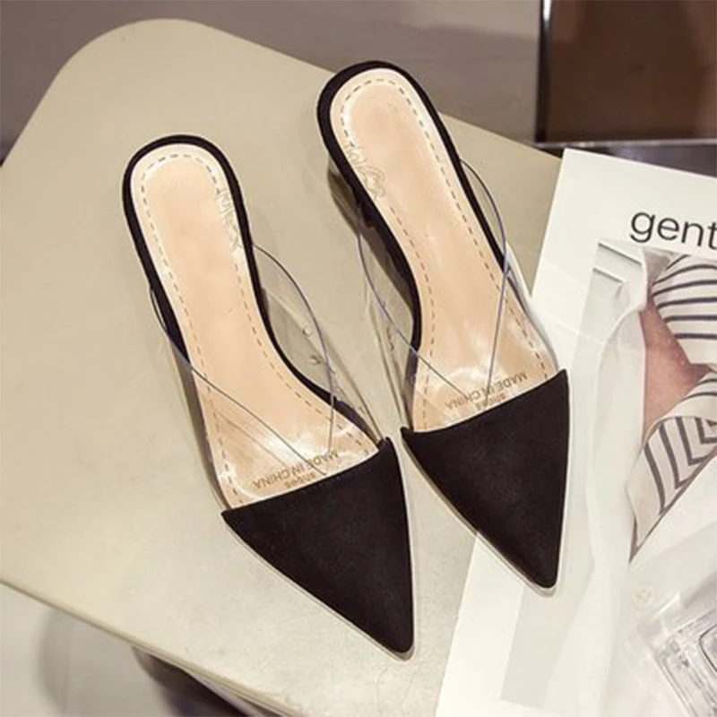 Женские мулы Элегантные женские тапочки прозрачные высокие каблуки Женщина Office