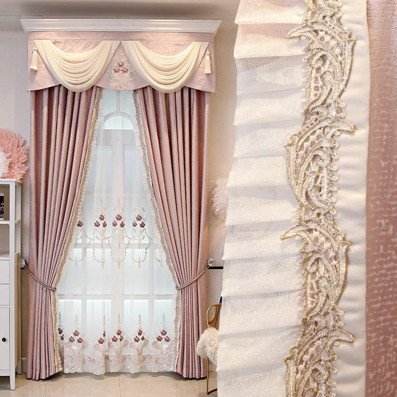 

Custom curtains High-quality pink embroidery lace jacquard thick livingroom cloth blackout curtain valance tulle panel M1000