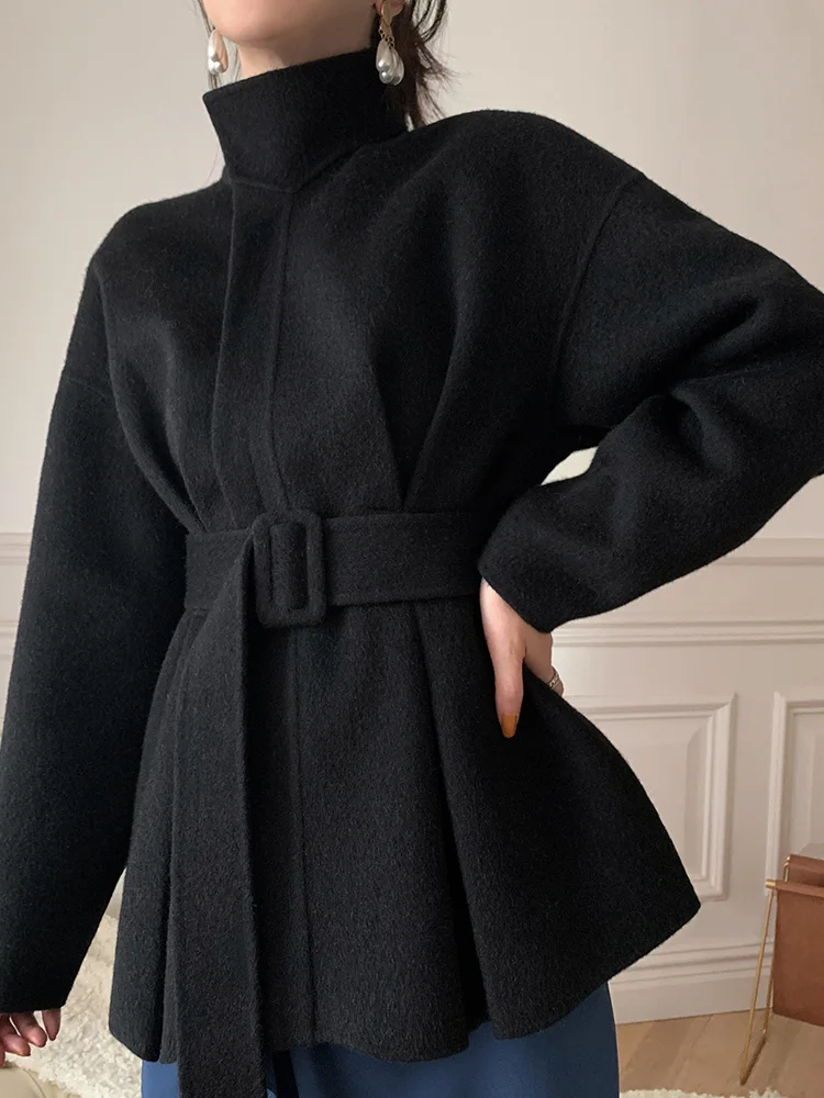 

Shzq Original Women's Handmade Double-sided Cashmere Coat Long and Short Solid Color Stand Collar Temperament Simple Single