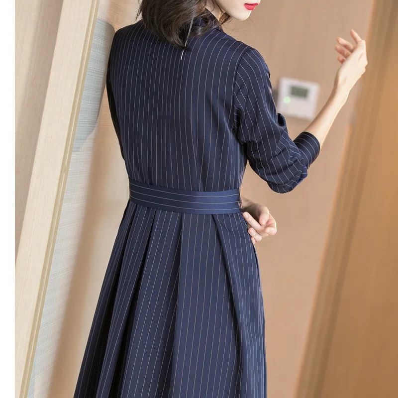 

New Elegant Spring Autumn Blazer Dress Women Striped Long Sleeve Office Ladies Work Knee Length Midi Dresses Female With Belt