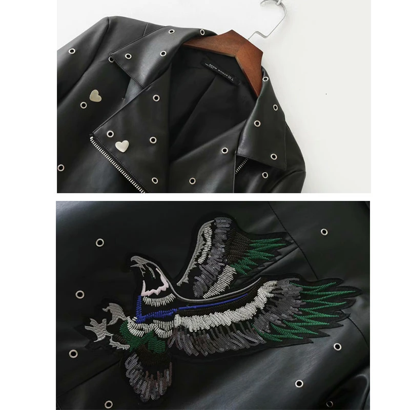 Осень 2020 куртка из мягкой искусственной кожи с вышивкой женское мотоциклетное