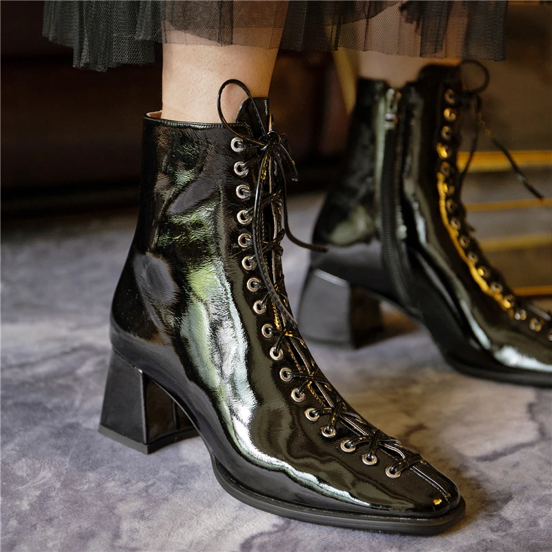 

VERCONAS New Women Ankle Boots Genuine Leather Autumn Winter Fashion Butterfly-Knot Cross-Tied Casual Thick Heels Boots Woman