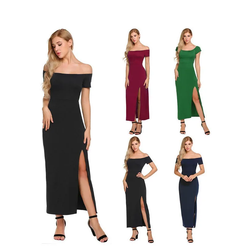 

2020 Summer New Pure Color Slim Dress Word Collar Waist Hollow Dress Sexy Dresses Party Dress
