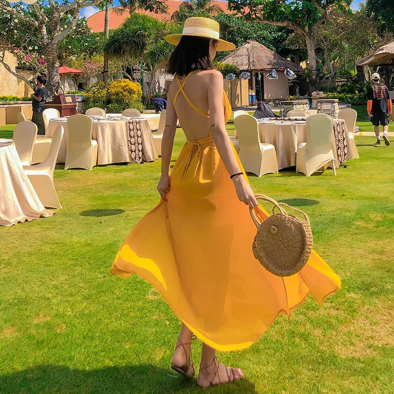 2021 New Yellow Beach Dress Women's Summer Beach Vacation Sling Back Sexy Dress Skirt Cover Up