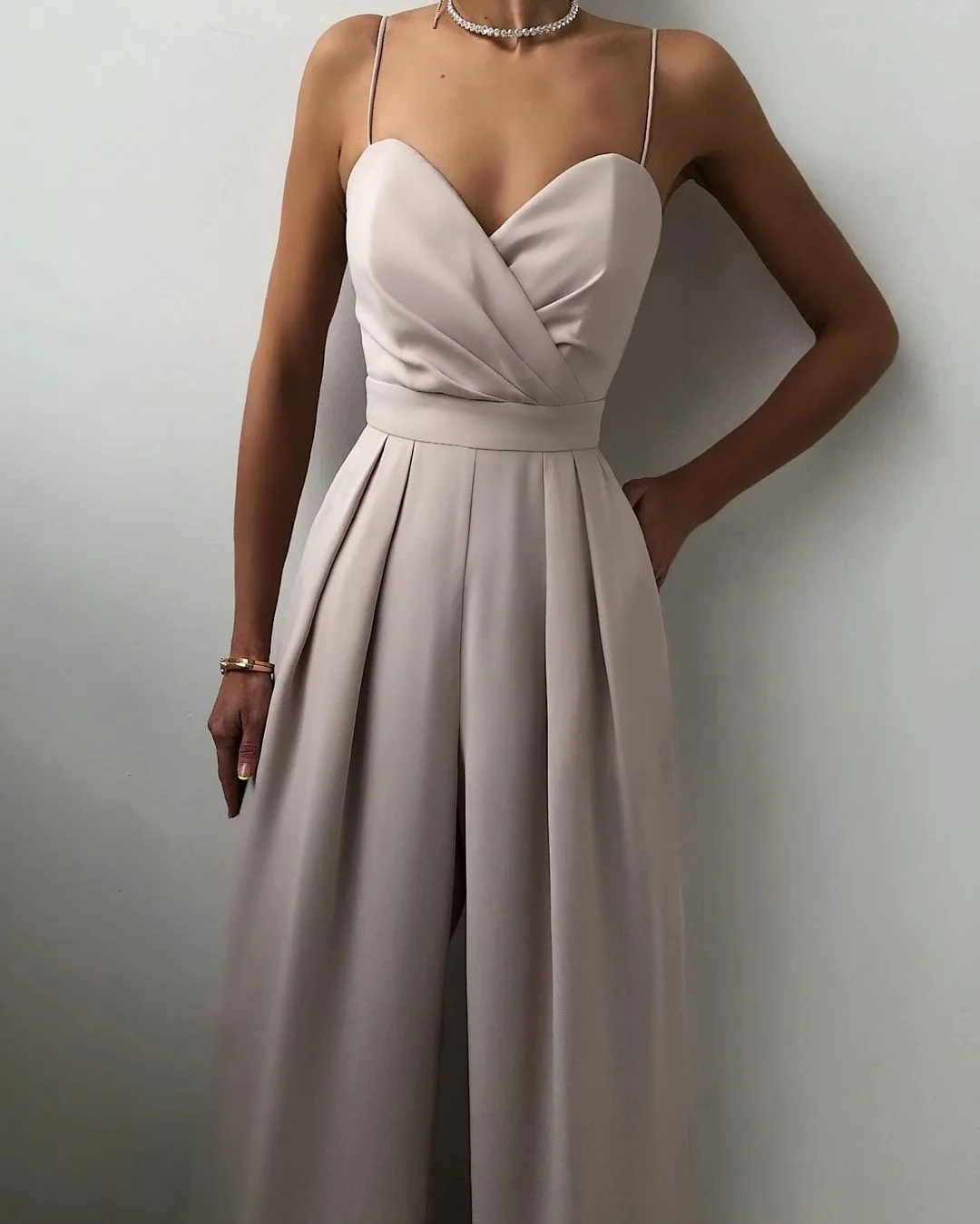 

Spring Chiffon Sexy Jumpsuit Women Elegant High Waist Wide Leg Jumpsuits Female Solid Suspender Backless Slim Combinaison Femme