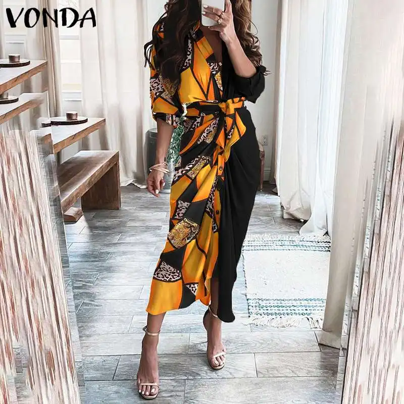 

Women Long Sleeve Lapel Button Down Patchwork Shirt Dress VONDA 2021 Ladies Vintage Printed Holiday Party Dresses Femme Robes