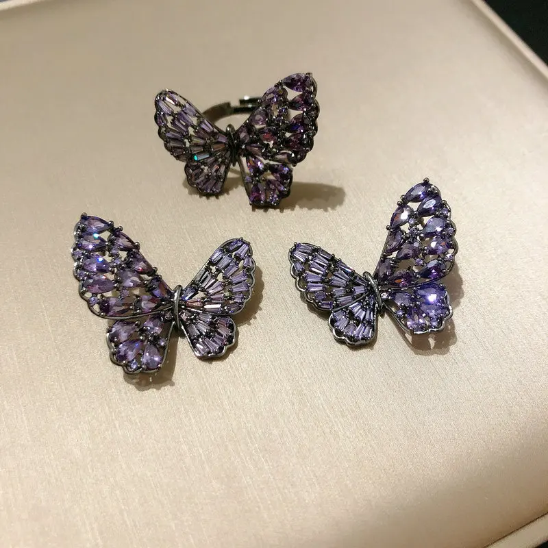 

Bilincolor Vintage Fashion Purple Butterfly Earring and Ring Set for Women