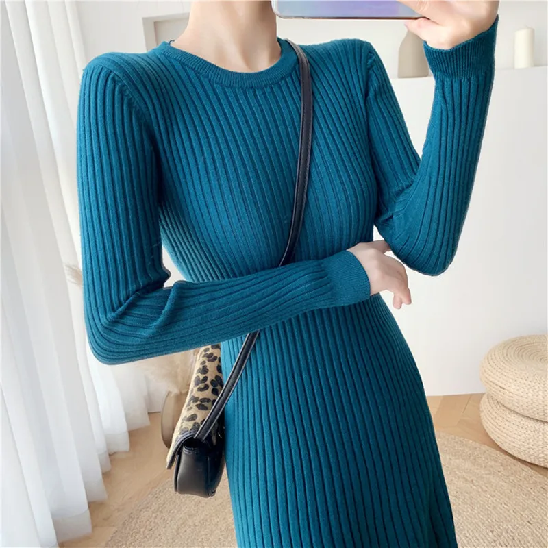 

Seoulish Autumn Winter Warm Knitting Women A-Line Dresses 2021 New High Waist O-Neck Long Sleeve Chic Sweater Midi Dress Female
