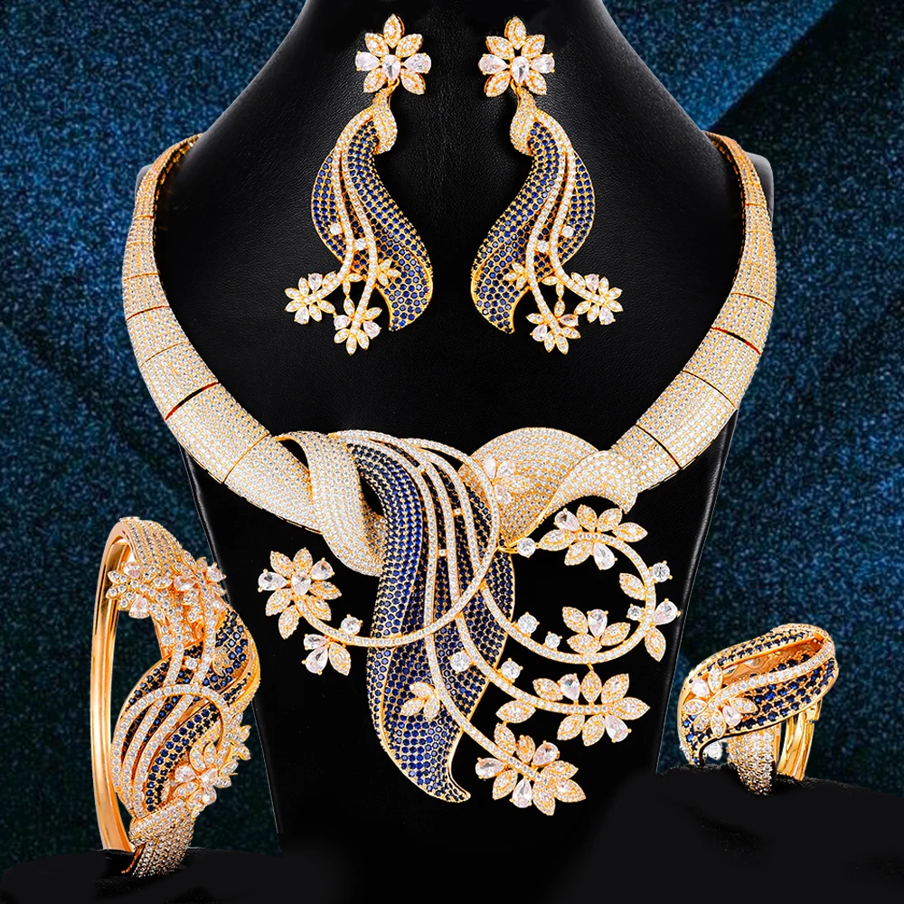 

missvikki Luxury Bridal Wedding 4 PCS Gorgeous Necklace Bangle Earrings Ring Jewelry Set Flower Tassel High Quality Jewelry GIFT