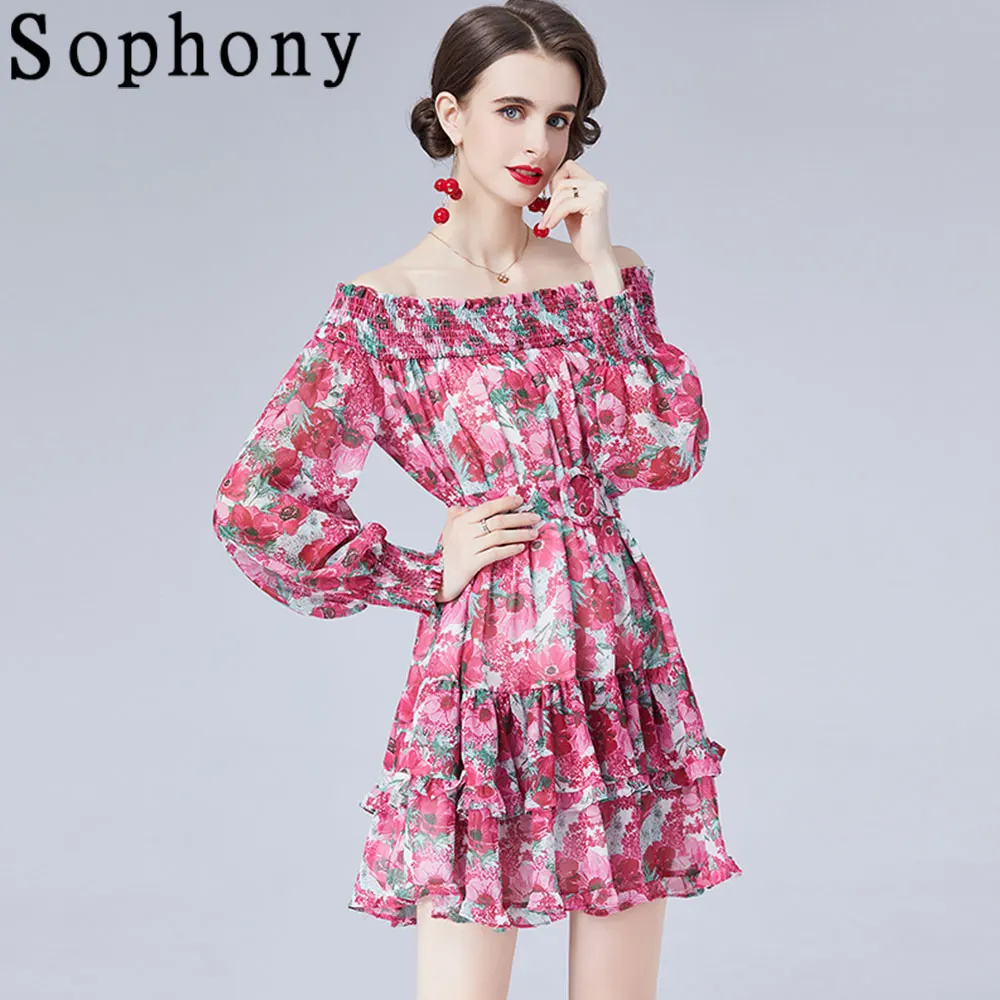

2021 Floral Autumn Ruffled Dress Women Sexy Off Shoulder Lantern Sleeve Flower Print Sundress Party Beach Boho Vestidos S68250