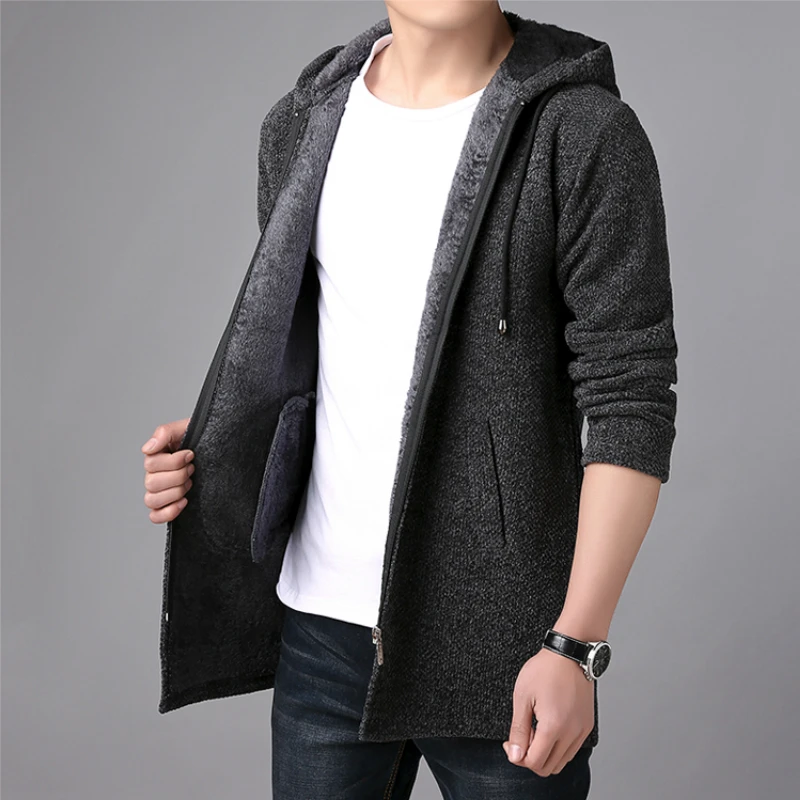 Pop Mens Sweater Autumn Winter Thick Warm Long Cardigan Men Hooded Sweater Coat Male Cardigan Sweater Jacket Casual Clothes