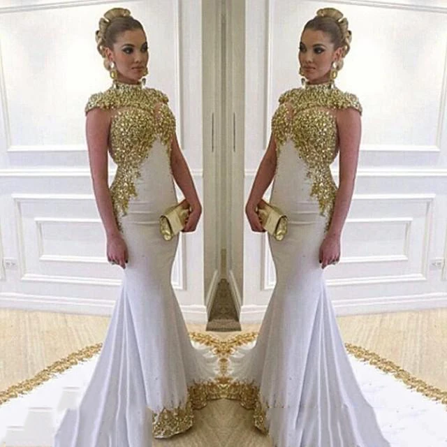 

Stunning White Long Evening Dress High Neck Cap Sleeve Beaded Gold Lace Appliques Stretch Satin Mermaid Women Formal Gowns