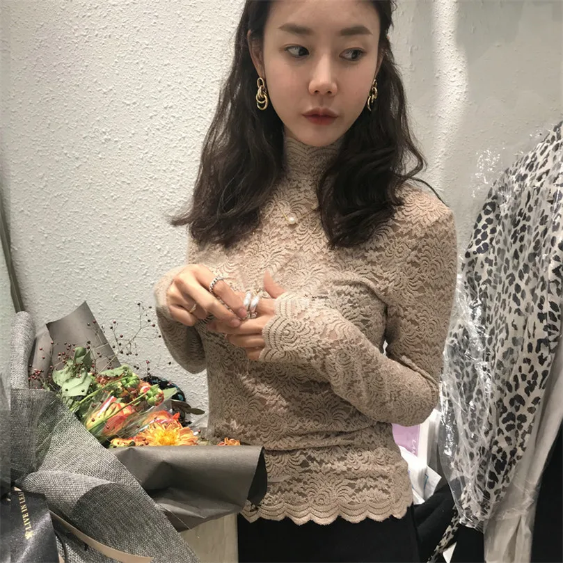 Осенняя и зимняя футболка высокая эластичная тонкая кружевная рубашка с узором
