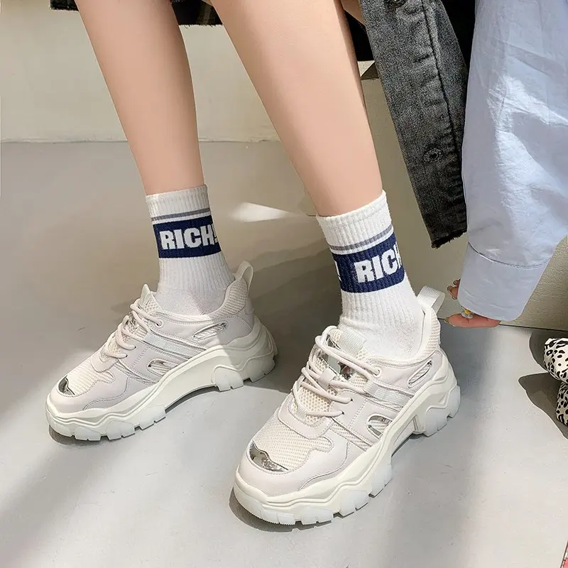 

2021 Platform Sneakers Women Casual Shoes Lace Up Thick Sole Chunky Sneakers Women Leather Vulcanize Shoes Zapatillas Mujer
