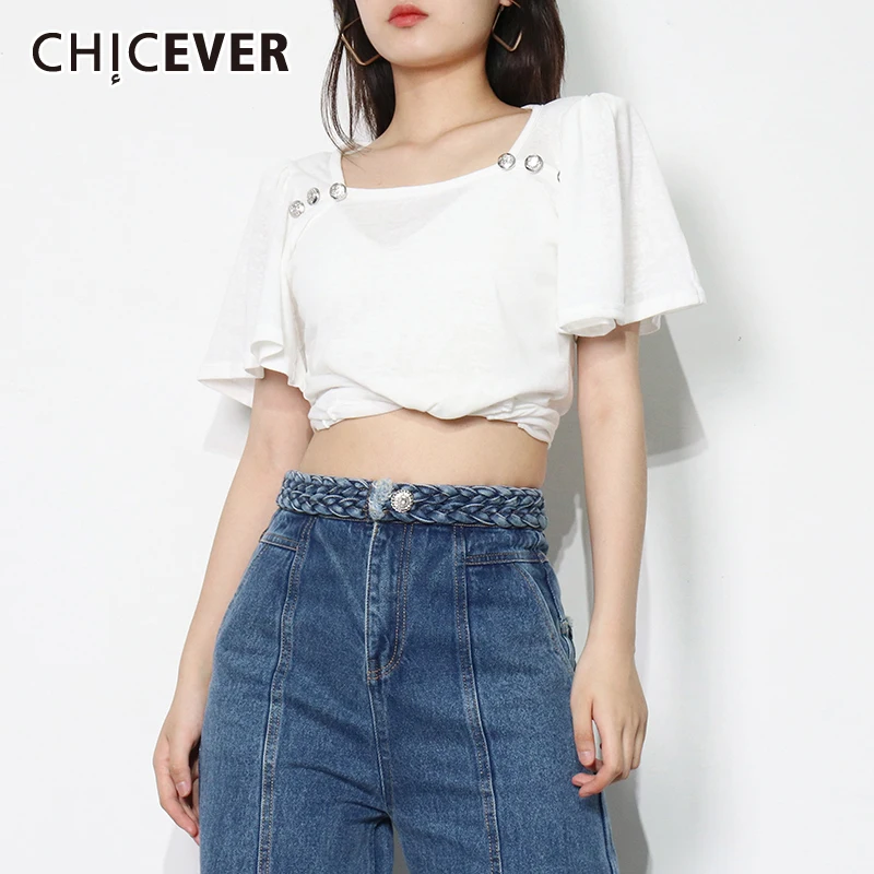 

CHICEVER Casual Patchwork Diamond T Shirt For Women Square Collar Short Sleeve Chic White T Shirts Female Fashion New Clothing