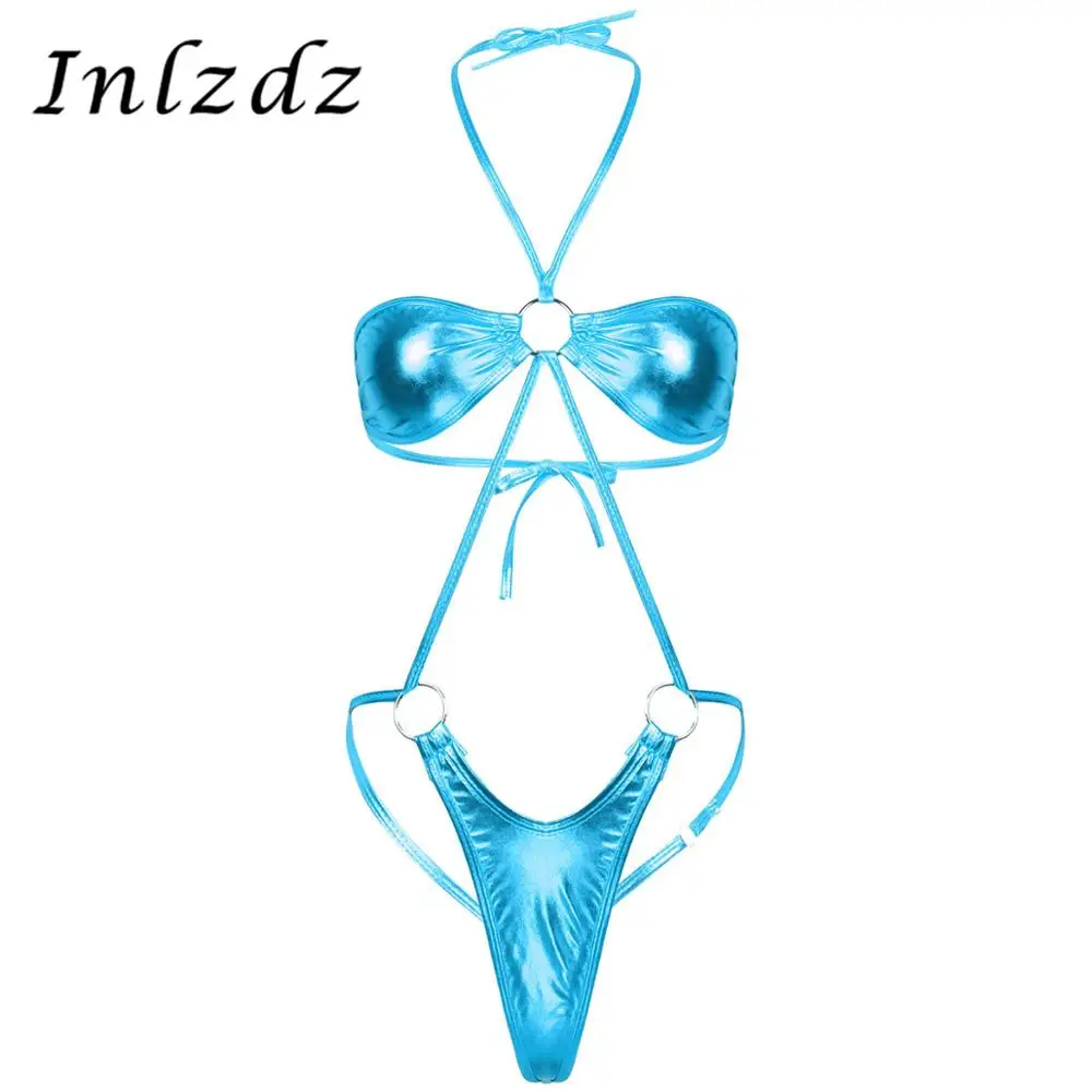 

Женское нижнее белье, сексуальный боди, блестящее металлическое нижнее белье, с лямкой на шее, с открытой спиной, Рогатка, мини-трикини, стри...