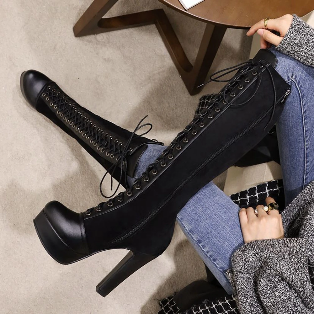 

KARINLUNA Big Size 33-43 Female Autumn Daily Boots Platform Thick High Heels Cross Tied Zip Women Boots Knee High Women Shoes