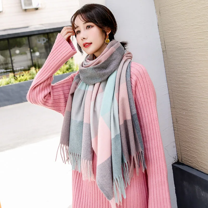 Зимние шарфы женские имитация кашемира шарф Корейский модный красный клетчатая