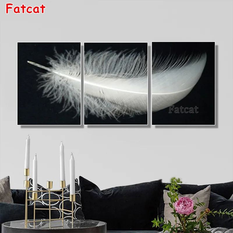 

DIY Diamond Painting 3 Panel Black White Feather diamond Embroidery 5d mosaic Diamond cross stitch needlework room decor PP898