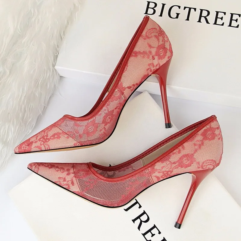 Lace Pumps Women High Heels Summer 2023 Fashion Sexy Party Wedding Shoes Pumps Ladies White Red Shoes Pointed Toe Hollow Shoes