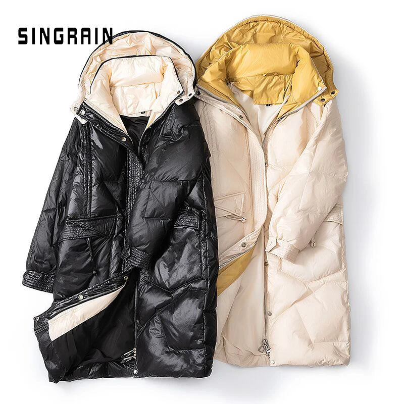 SINGRAIN зимний длинный пуховик с капюшоном женская теплая верхняя одежда на утином