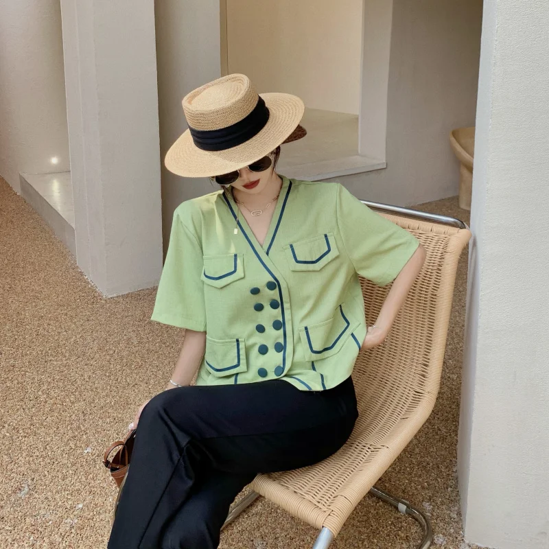 

Korejepo Women Shirt 2021 Summer Korean Style Retro Elegant Gentle V-neck Double Breasted Color Contrast Suit Jacket Female Tops