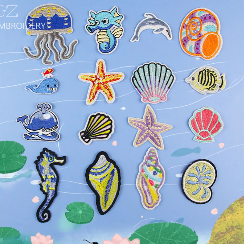 

Seahorses Patches Clothes Iron-on Stickers Thermo-stickers Ocean Patch Motocycle Badges Embroidered Appliques for Dresses Shells