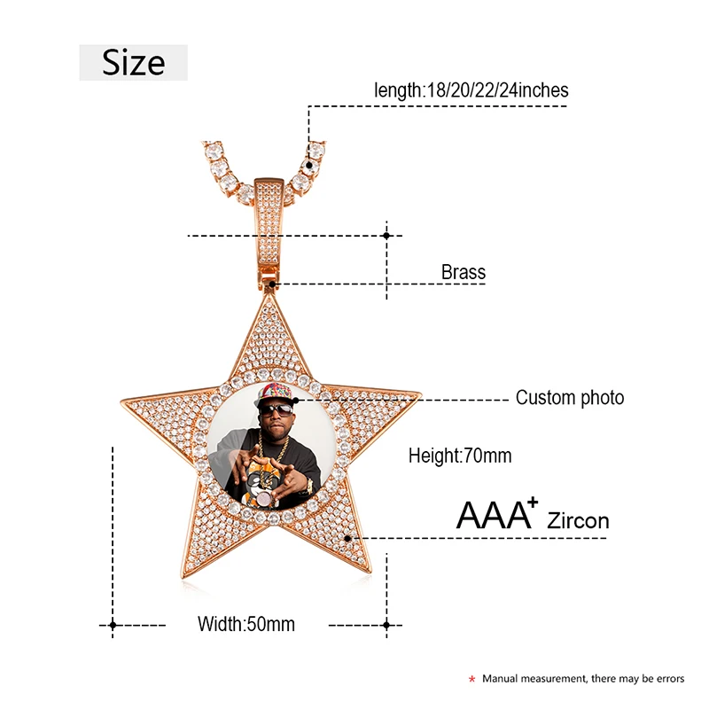 

VIP CZP0326 Custom Picture Memory Medallions Solid Pendant Necklace 5 Coner Star Shape Hip Hop Jewelry Personalized Cubic Zircon